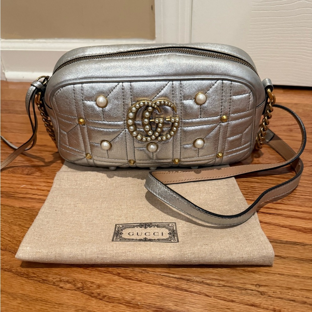 Gucci Marmont Studded Pearl Leather Crossbody Bag authentic